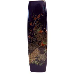 Japanese Peacock Vase Cobalt Blue VTG Tall Square Cylinder Floral Kutani Style